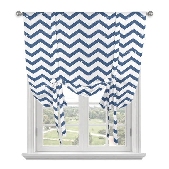 Navy Wave Line Tie Up Balloon Window Curtain 52W x 63L Inch, Modern Minimalist Nautical Navy Blue Chevron Stripe Rod Pocket Adjustable Tie Up Curtains Small Kitchen Sink Curtains for Cafe Bedroom