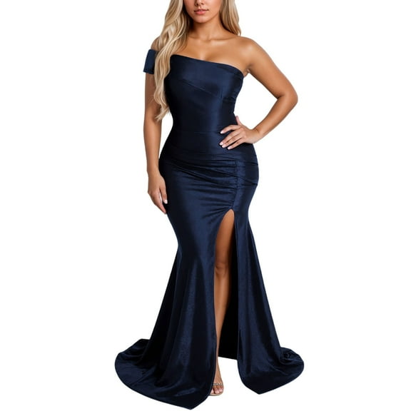 Navy Wedding Guest Dress Women's Formal Dress Elegant Evening Gown with Off Shoulder Design and Side Slit for and Parties L Polyester Women's Formal Dress