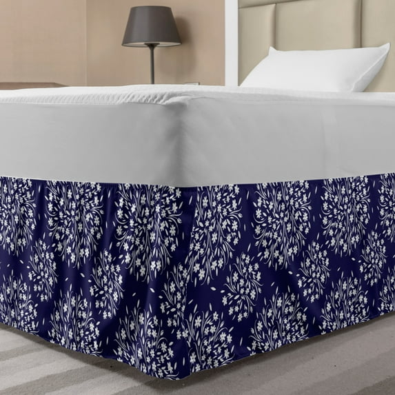 Navy and White Bed Skirt, Scroll Pattern with Little Rural Wildflowers and Buds Feminine Corsage, Elastic Bedskirt Dust Ruffle Wrap Around for Bedding Decor, 4 Sizes, Indigo White, by Ambesonne