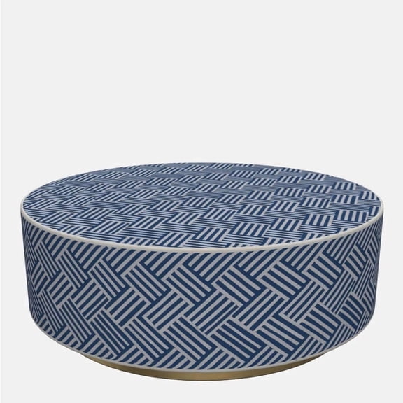 Navy & White Bone Inlay Coffee Table Round Shape with Geometric Weave Design and Gold Base