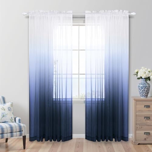 Navy and White Curtains for Living Room Set 2 Panels Rod Pocket Window Ombre Coastal Sheer Curtains for Bedroom Masculine Man's Cave Teen Boys Room Decor Man Christmas 52 x 84 Inches Long Dark Blue