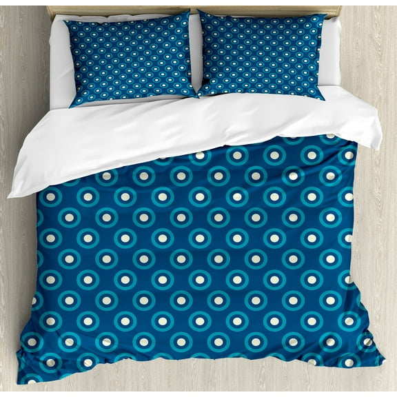 Navy and White Duvet Cover Set, Circles with White Polka Dots Ancestral Folk Evil Eye Style Tile, Decorative 3 Piece Bedding Set with 2 Pillow Shams, Calking Size, Dark Blue Teal White, by Ambesonne