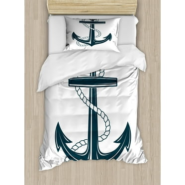 Navy White Duvet Cover Set, Iconic Symbol of Maritime Nautical Anchor with a Monochrome Art, Decorative 2 Piece Bedding Set with 1 Pillow Shams, Twin Size, Dark Teal and White, by Ambesonne