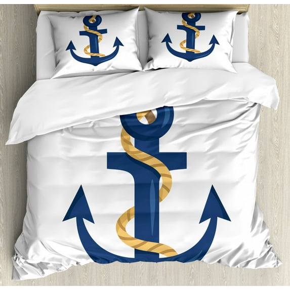 Navy White Duvet Cover Set King Size, Nautical Themed Graphic of Cartoon Dark Sky Blue Colored Anchor with Rope, Decorative 3 Piece Bedding Set with 2 Pillow Shams, White Multicolor, by Ambesonne