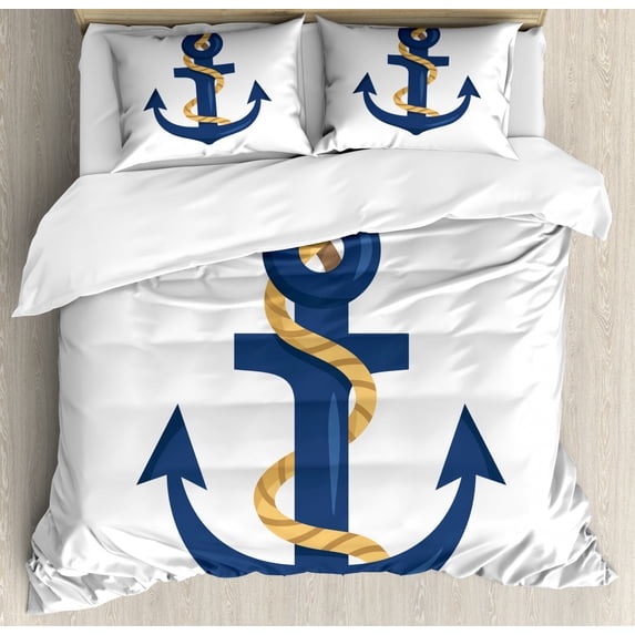 Navy White Duvet Cover Set Queen Size, Nautical Themed Graphic of Cartoon Dark Sky Blue Colored Anchor with Rope, Decorative 3 Piece Bedding Set with 2 Pillow Shams, White Multicolor, by Ambesonne