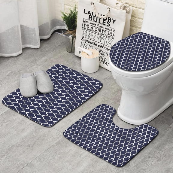 Navy and White Geometric Lattice Pattern Bathroom Rugs Sets 3 Piece,Toilet Cover Set,Absorbent Non Slip Bathroom Mats Sets with U-Shaped Contour Rug Toilet Rug Set