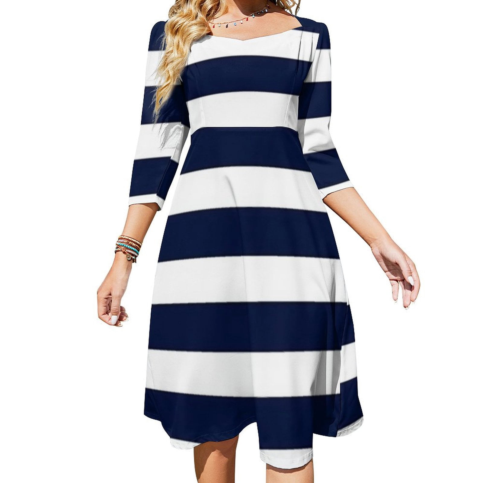 White Floral Print Contrast Striped Trim Notched Neck Long Sleeve Dress
