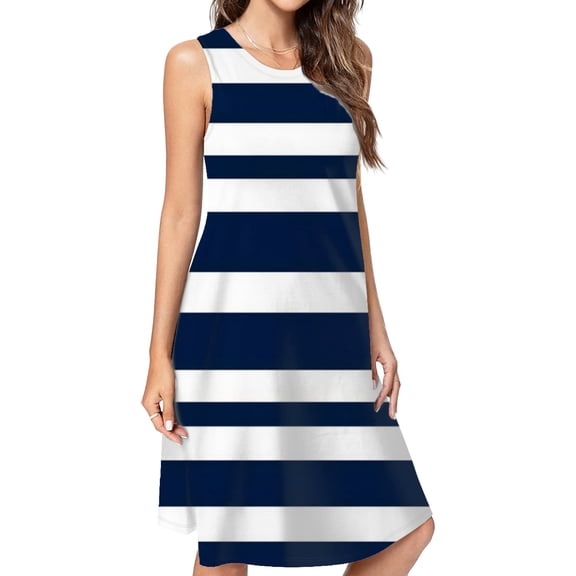 Navy White Horizontal Stripes Pattern Dress Loose Women'S Dress Beach Dresses With Pockets Dresses For Womens