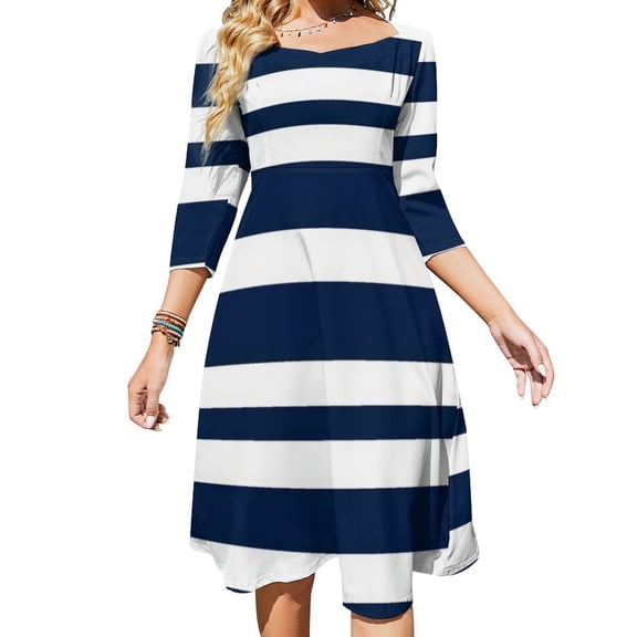 Navy White Horizontal Stripes Pattern Sweetheart Knot Flared Dress Fashion Design Large Size Loose Dress Spring Summer Women Dress
