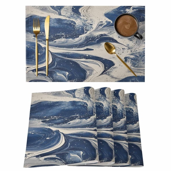 Navy White Placemats Set of 6 Marble Modern Artwork Place Mats Indoor Wipeable Table Mats Washable Cloth Dining Table Placemats for Kitchen Holiday Party Home Decor 13x19 Inch