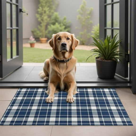 Navy White Plaid Checkered Pattern Door Rugs,Washable Non Slip Door Mats Indoor,Decorative Door Mats,Entry Mat Indoor for Entrance,Bedroom,Kitchen,Bathroom,20"x32"