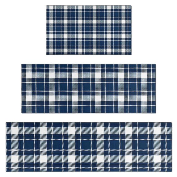 Navy White Plaid Checkered Pattern Kitchen Rugs Sets Of 3,Kitchen Runner Rugs Non Skid Washable,Decorative Kitchen Floor Mats for Kitchen,Sink,Laundry,17"x30"+ 17"x47" + 17"x59"