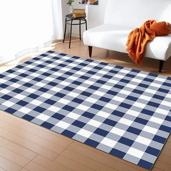Navy Blue And White Geometric Plaid Area Rug, Farmhouse Line Plaid Large Indoor Carpet, Non-Slip Machine Washable Decorative Rug For Living Room Bedroom Dining Room 2' x 3'