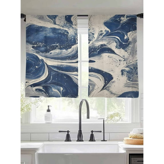 Navy White Sheer Curtains for Living Room Bedroom Marble Modern Artwork Sheer Curtains 45 Inch Long 2 Panels Set Light Filtering Curtain Window Treatments Drapes for Dining Room