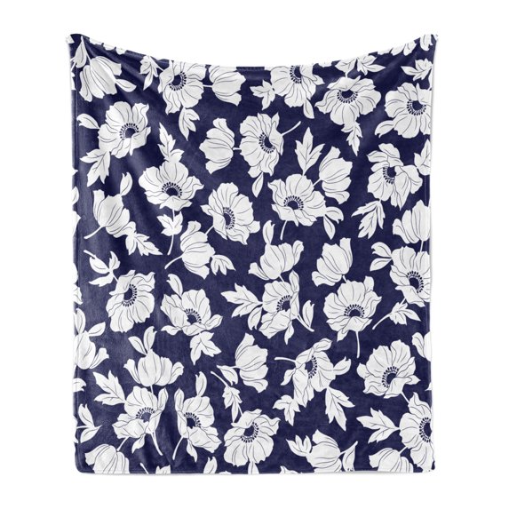 Navy and White Soft Flannel Fleece Throw Blanket, Botanical Arrangement with Poppies in White Simple Feminine Corsage, Cozy Plush for Indoor and Outdoor Use, 50" x 70", Navy Blue White, by Ambesonne