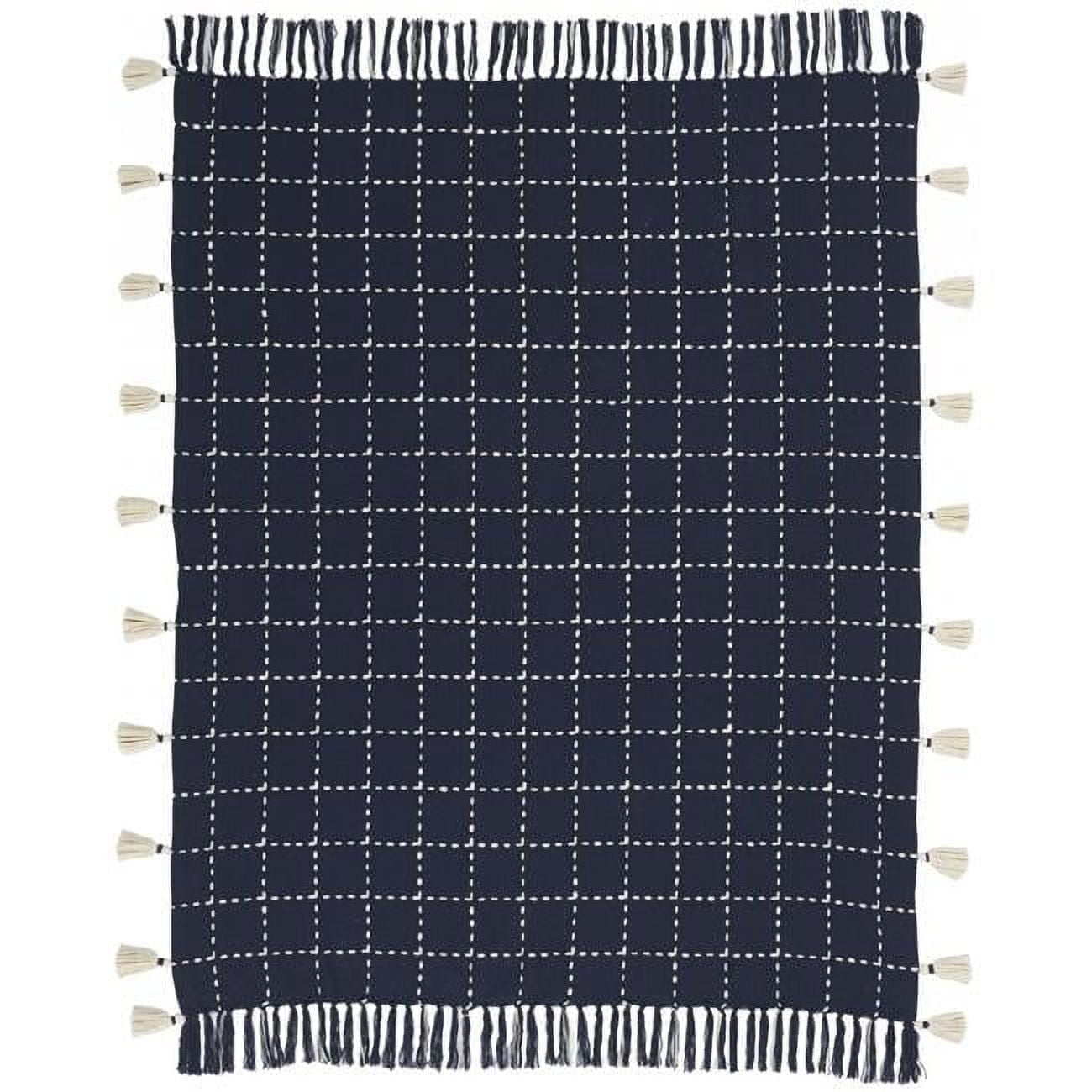 Navy and White Cotton Throw with Hand Embroidered Pattern