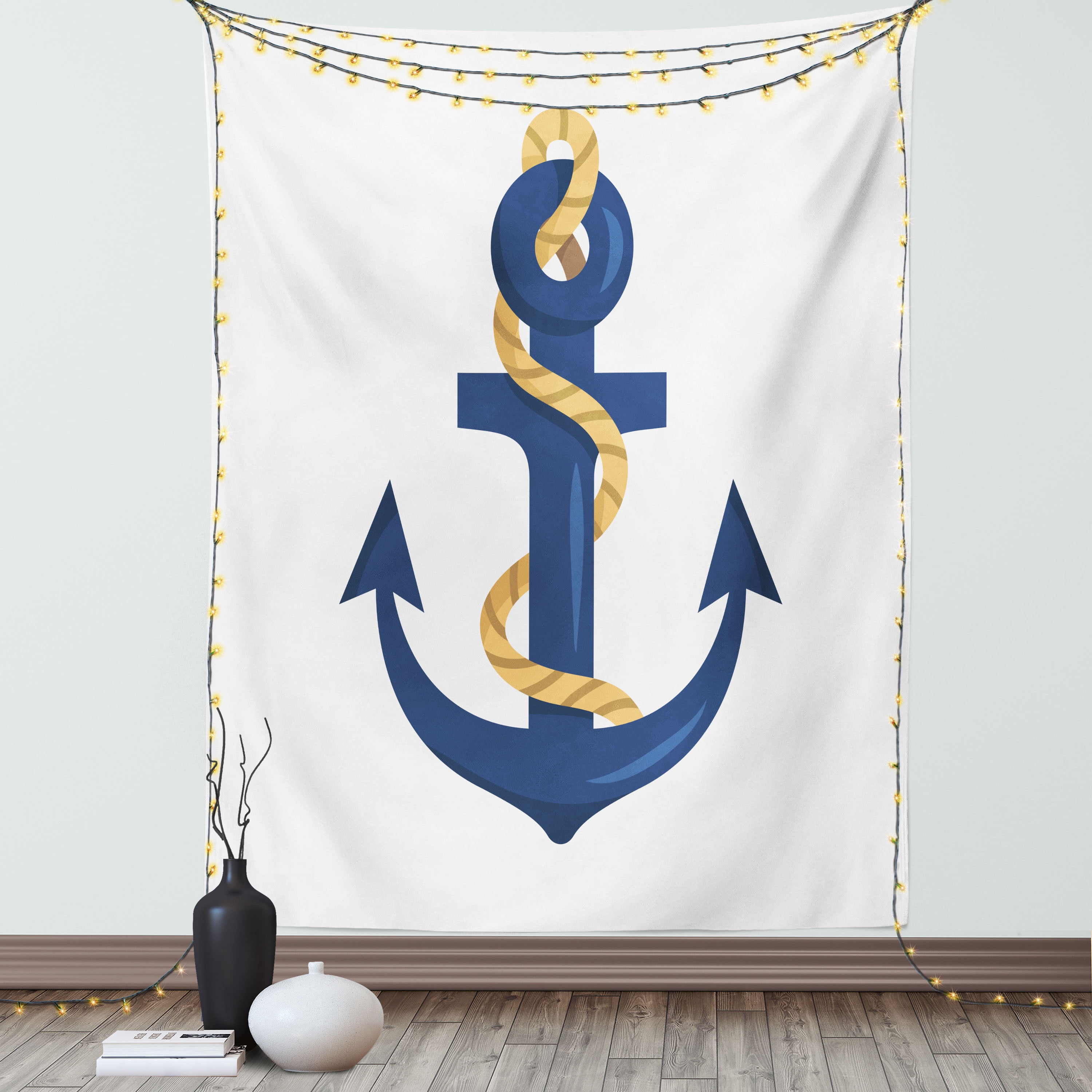 Navy White Tapestry, Nautical Themed Graphic of Cartoon Dark Sky Blue ...