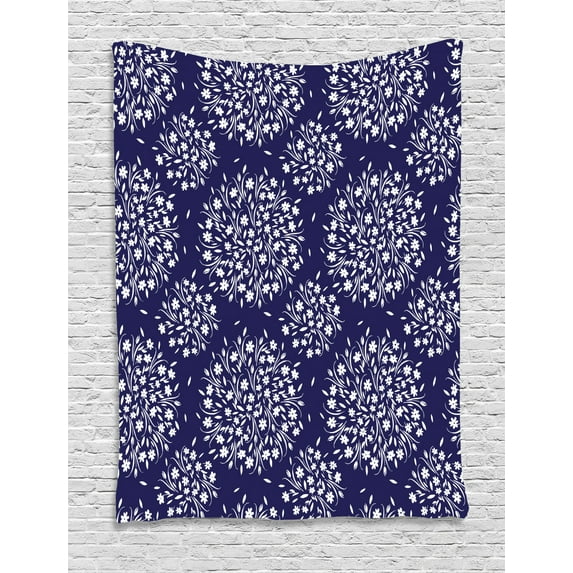 Navy and White Tapestry, Scroll Pattern with Little Rural Wildflowers and Buds Feminine Corsage, Wall Hanging for Bedroom Living Room Dorm Decor, 40W X 60L Inches, Indigo White, by Ambesonne