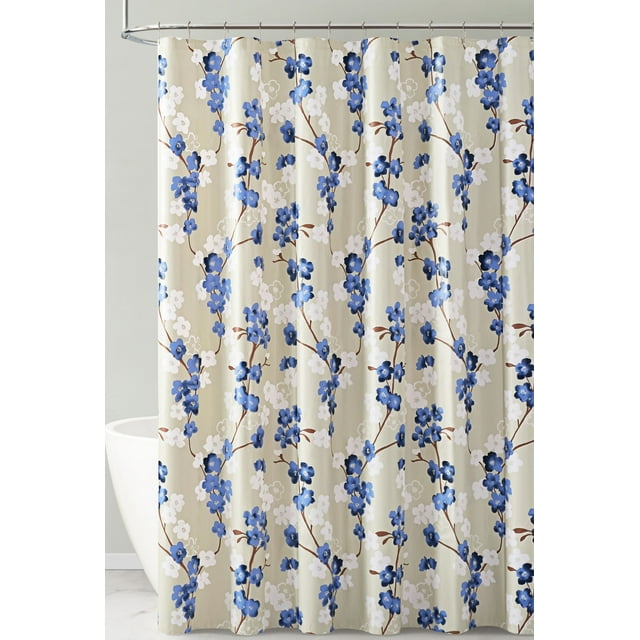 Navy White and Taupe Floral Design PEVA Shower Curtain Liner Odorless