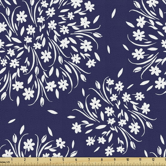 Ambesonne Floral Print Fabric by the Yard Upholstery, Wildflowers Scroll, 1 Yard, Indigo and White