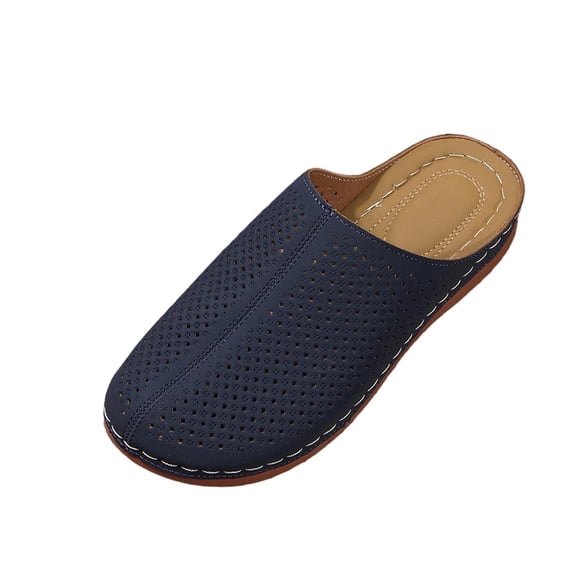 Navy Women Casual Shoes Hollow Out Round Toe Slip On Slippers Thick Platform Wedge Heel Outdoor Indoor Leisure Footwear Pu Material One Pair Per Order Heel Height 1.77 Inches