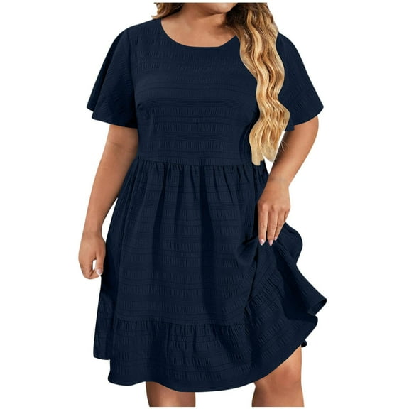 Navy Women Plain Midi Knee Length Oversized Dresses for Women Short Sleeve Crew Neck Spandex Casual Summer Fall Dresses 2025 Clothing Fashion Country Concert Y2K 3XL