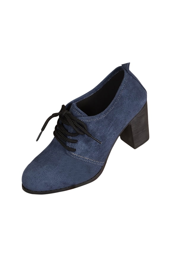 Navy Women'S Pumps Round Toe Chunky Heel Solid Color Laced Fall Winter Casual Versatile Non-Slip Comfortable Stable Daily Wear Footwear Size 38