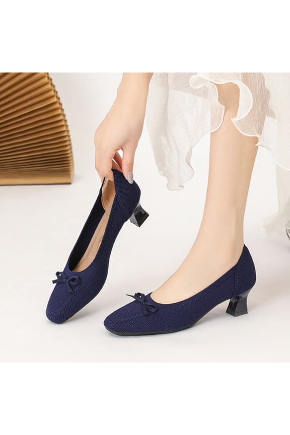 Navy Women'S Solid Color Bowknot Knit Square Toe Pumps Casual Chunky Heel Slip-On Comfortable Versatile Footwear For All Seasons Size 39