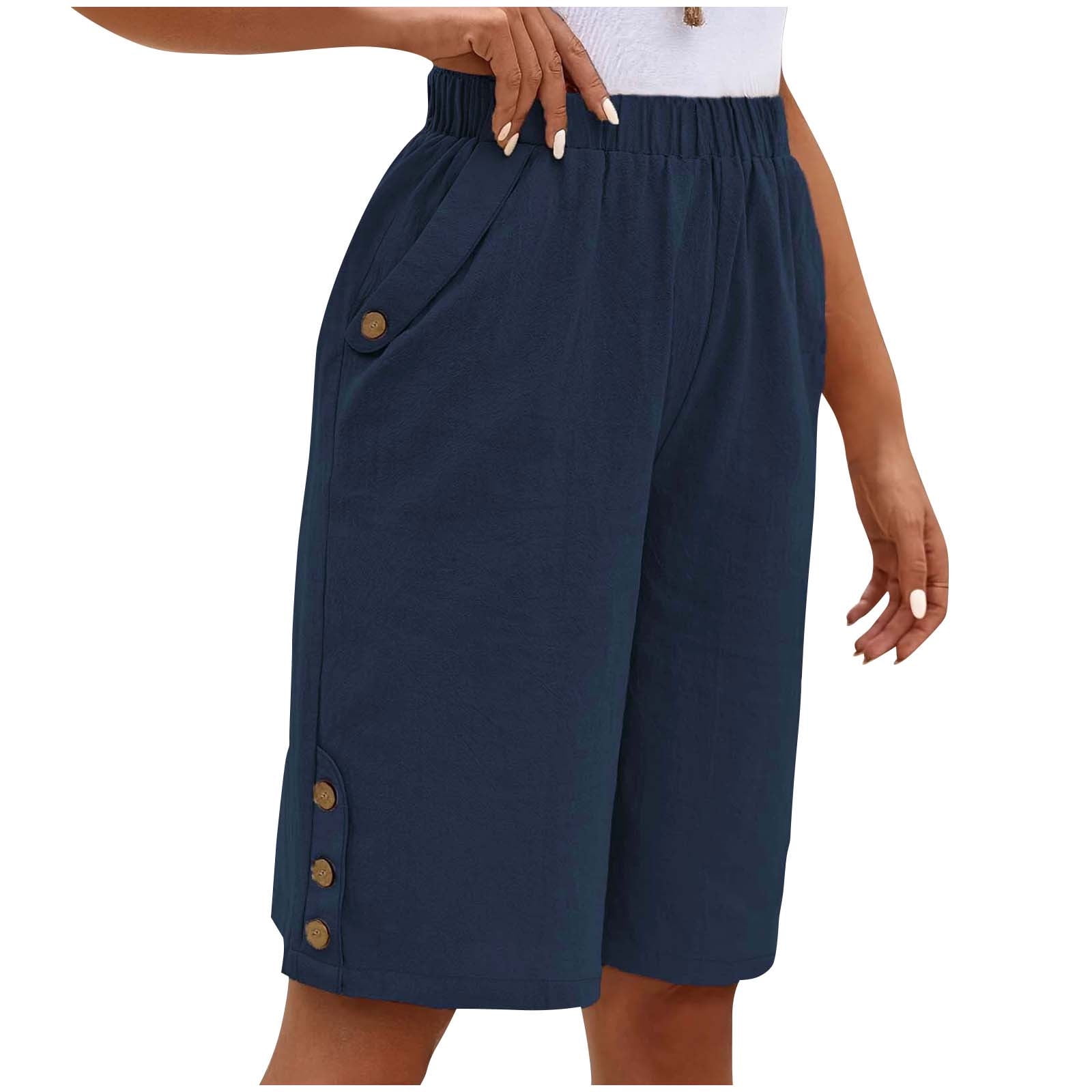 navy-women-tight-faux-linen-trousers-pants-shorts-for-teen-girls-work