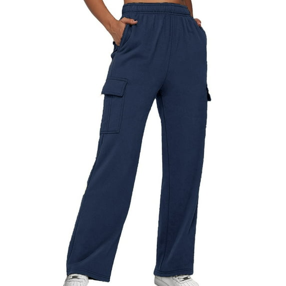 Navy Womens Cargo Pants Fashion Solid Color Loose Straight Leg With Pockets Casual Pants Yoga Pants Fall Outfits Womens Pants Size XL