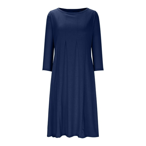 Navy Womens Crew Neck Dress Brunch Dress for Women 3/4 Sleeve Loose Fit Ruched Plain Midi Knee High Summer Fall Dress 2025 Soft Comfy Clothing Trendy XL