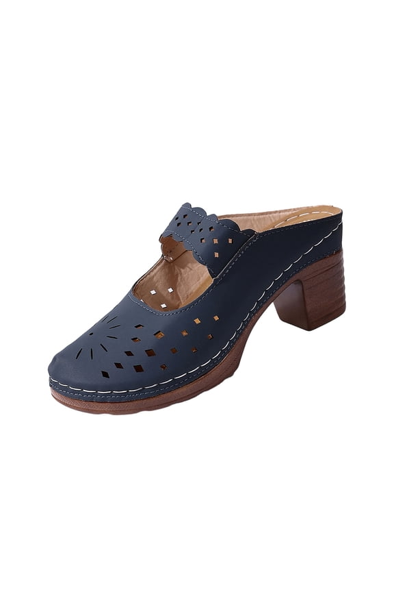 Navy Womens Mules Block Heel Hollow Out Closed Round Toe Comfortable Breathable Casual Daily Wear Spring Summer Slip On Versatile All Day