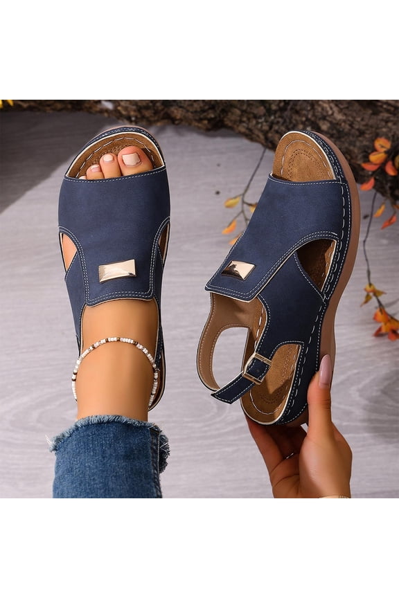 Navy Womens PU Faux Leather Sandals Comfortable Arch Support T-Strap Low Wedge Heel Casual Dressy Ankle Strap,Size 36