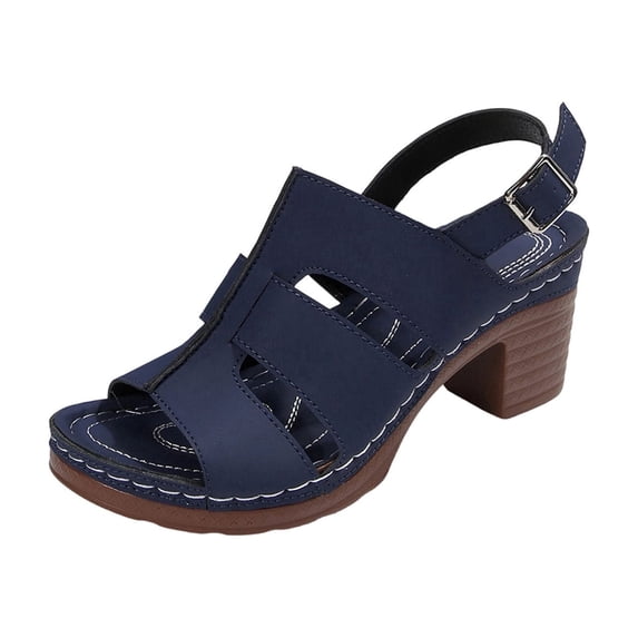 Navy Womens Plus Size Navy Sandals With Pu Upper One-Strap High Chunky Heel And Round Open Toe