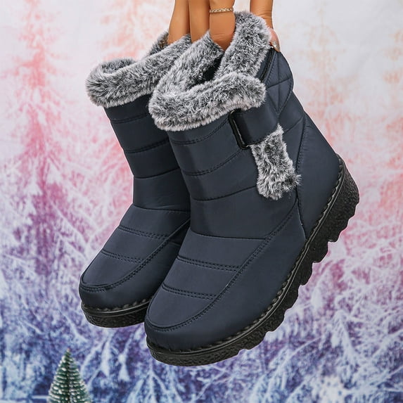 Navy Womens Snow Boots Fleece Lined Adjustable Strap Thickened Anti Slip Tread Sole Solid Color Mid Calf Warm Casual Light Daily Outdoor Shoes Size 41