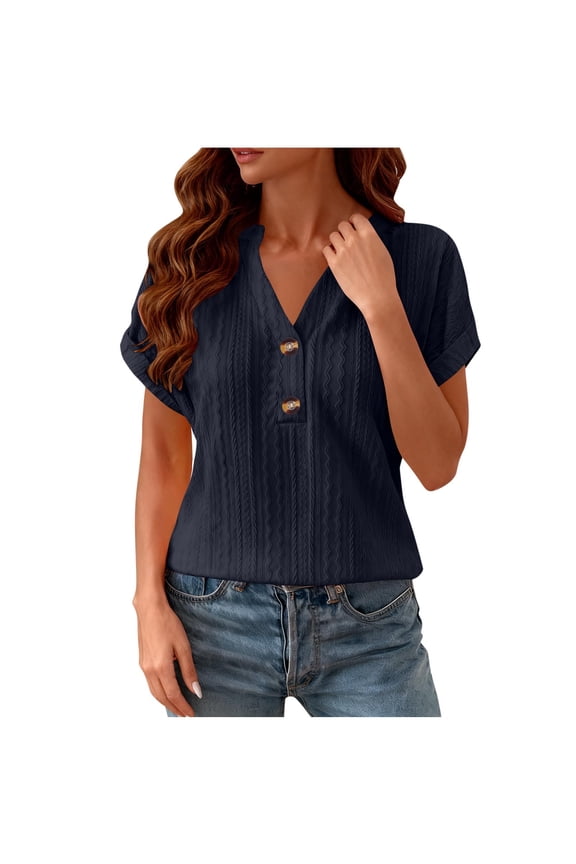 Navy Womens Textured V-Neck Top Short Sleeve, Casual Blouse Relaxed Fit, Everyday Wrinkle Resistant Shirt Polyester Spandex,Size L