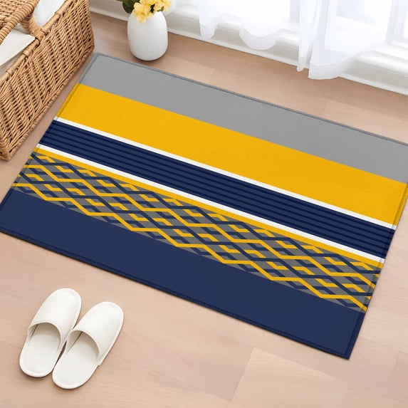 Navy Yellow Grey Stripes Entryway Rug 2'x3' Non Slip Front Door Mats, Abstract Lines Geometric Modern Entrance Rugs Indoor Outdoor Carpet, Washable Floor Mats Small Area Rug for Bedroom Kitchen