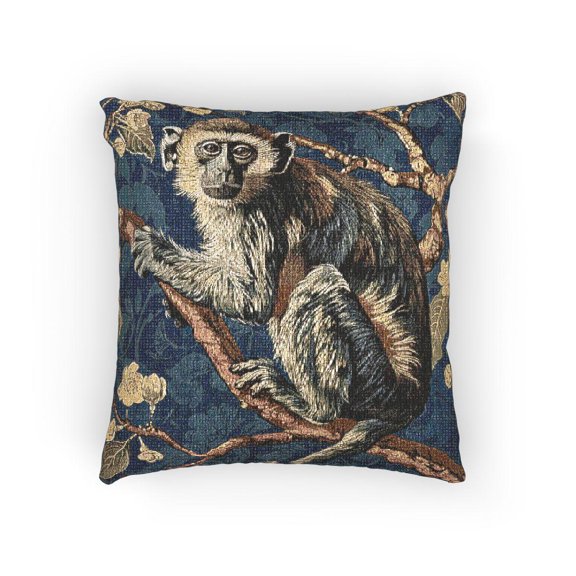 Navy and Golden Brown Monkey in Flowering Branches Decorative Woven Pillow, Cotton-Polyester Shell, Botanical Style