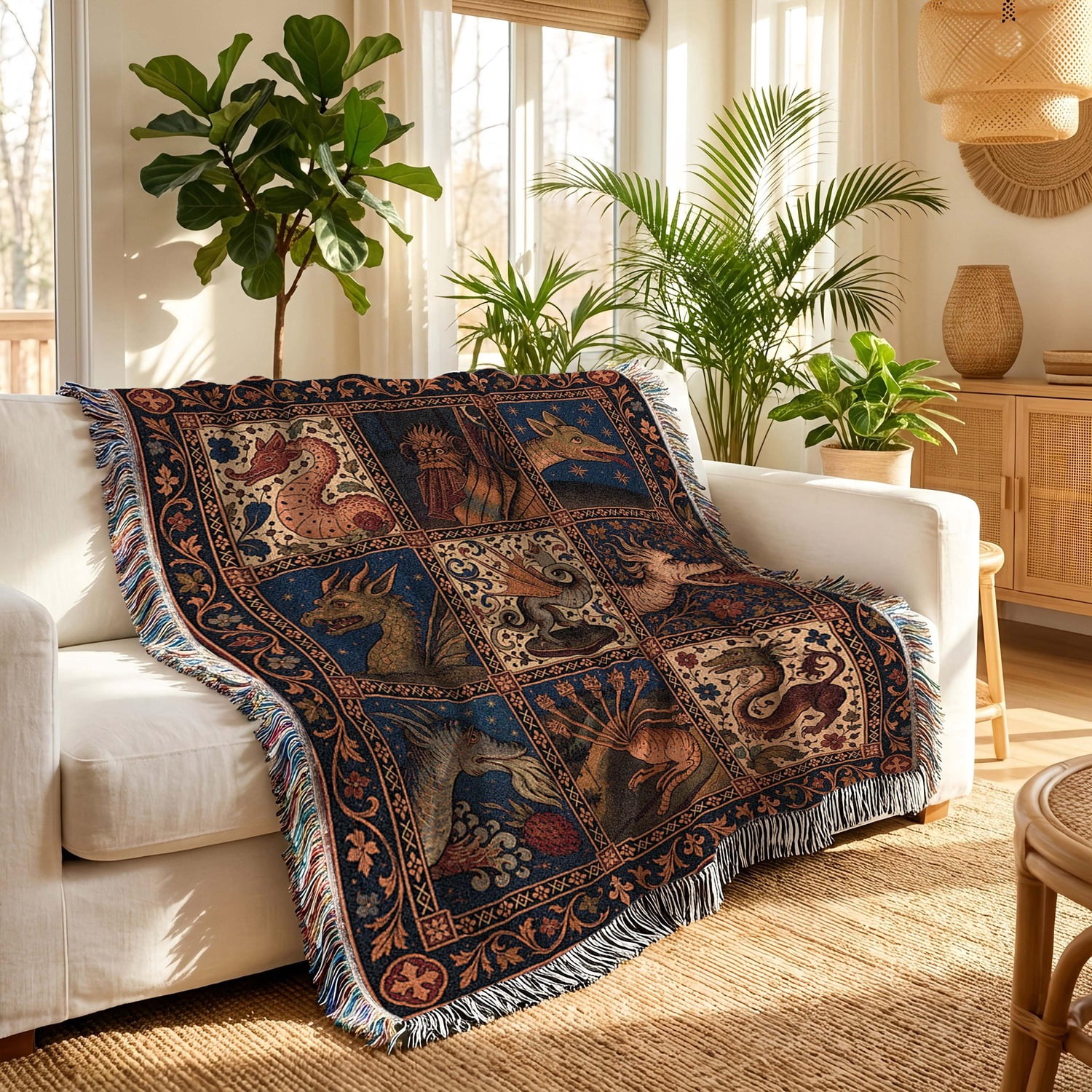 Baby Pythem Navy and Rust Snake, Bird, Horse and Fish Patchwork Woven Blanket, 100% ...
