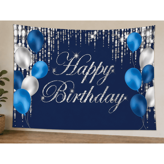 Navy and Silver Happy Birthday Backdrop