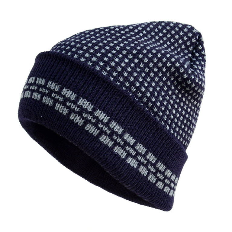 Navy and Steel Blue Pattern Plush Fleece Lined Men's Cap -Heavy