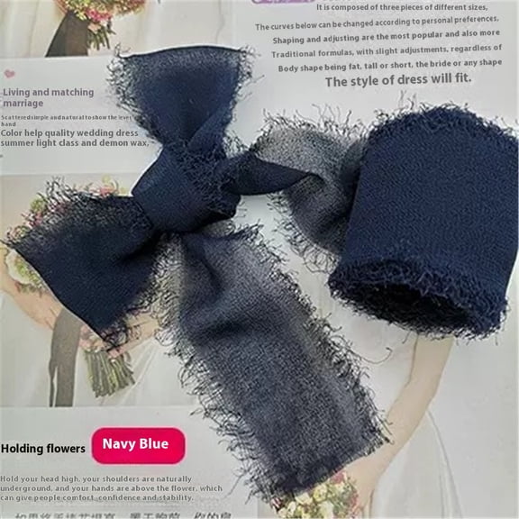Navy blue Chiffon Ribbon Rolls, 4cm x 5m, Chiffon Silk Ribbon with Fringe for Bridal Bouquets Wedding Invitations Floral Arrangements Gift Wrapping Home Decor