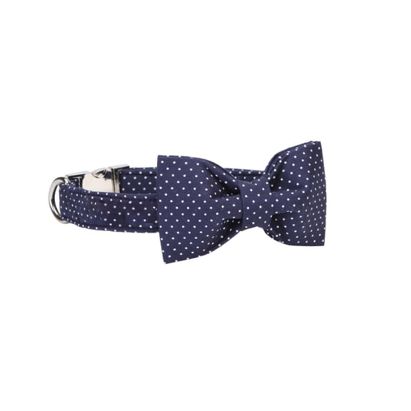 Navy blue adjustable dog collar w/ detachable bowtie (10-16"), alloy buckle, comfy cotton. Perfect for weddings, parties & photos