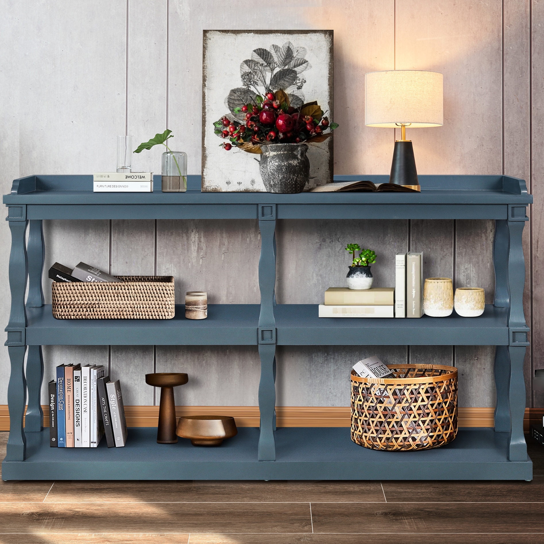 Navy blue console table with Roman column legs 3 - tier open storage in ...
