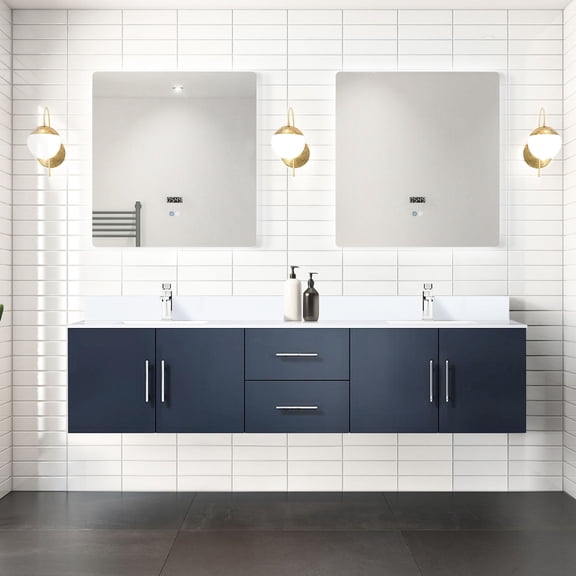 Navy blue double bath vanity, 22 - inch deep | Two compartments, drawers and open shelf for organization | White quartz top and 30 - inch LED mirrors