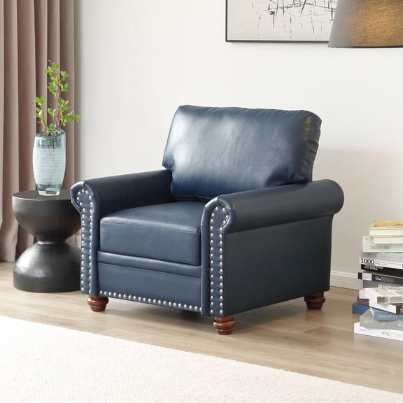 Navy blue faux leather single seat sofa / Sturdy structure for long - lasting use in living room