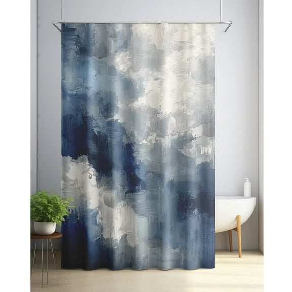 Navy blue shower curtain, abstract modern brushstroke style oil painting cloud sky print, fabric bathroom decor set with hooks, sea blue ecru and coconut