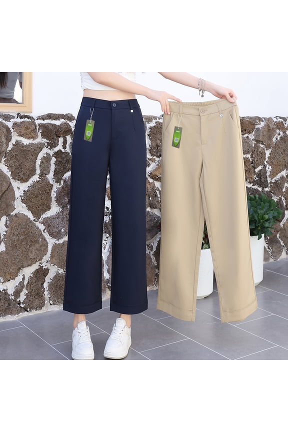 Khaki straight leg pants women's khaki cropped pants new Modal wide leg pants back elastic waist loose casual pants