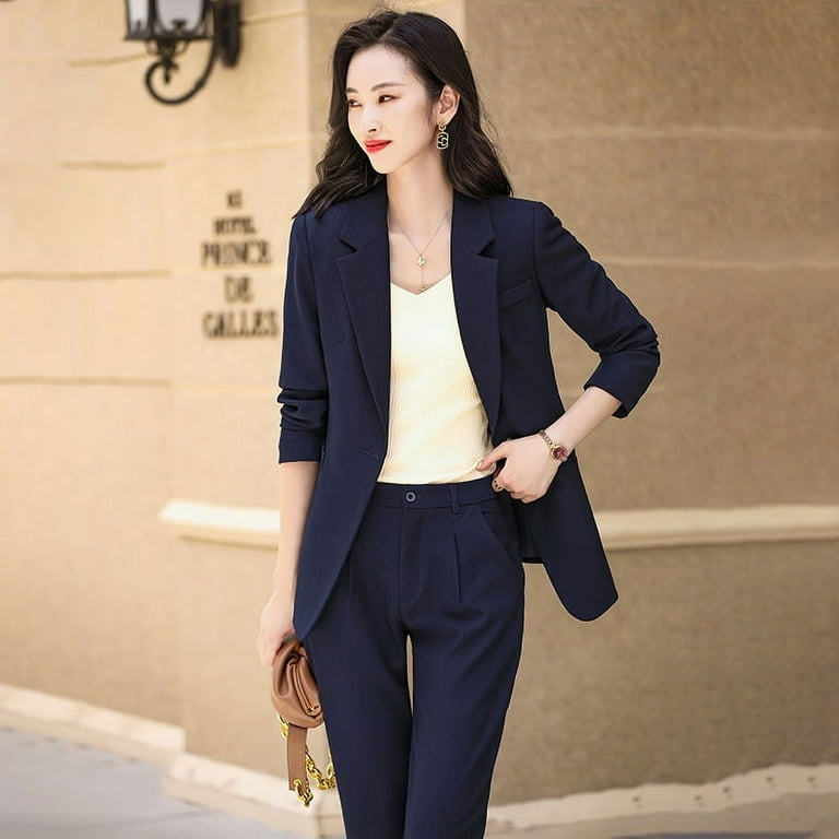 Navy color High quality two Piece Suit Set Business Single Button Blazer Office Lady Women Jacket and Trouser