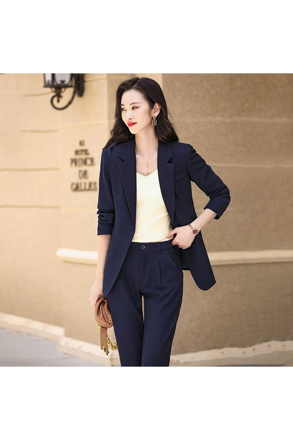 Navy color High-quality two-Piece Suit Set Business Single Button Blazer Office Lady Women Jacket and Trouser